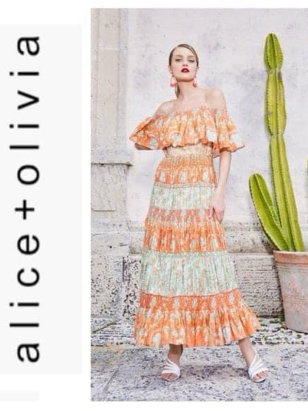 Alice + Olivia Orange and Mint Tiered Off-Shoulder Maxi